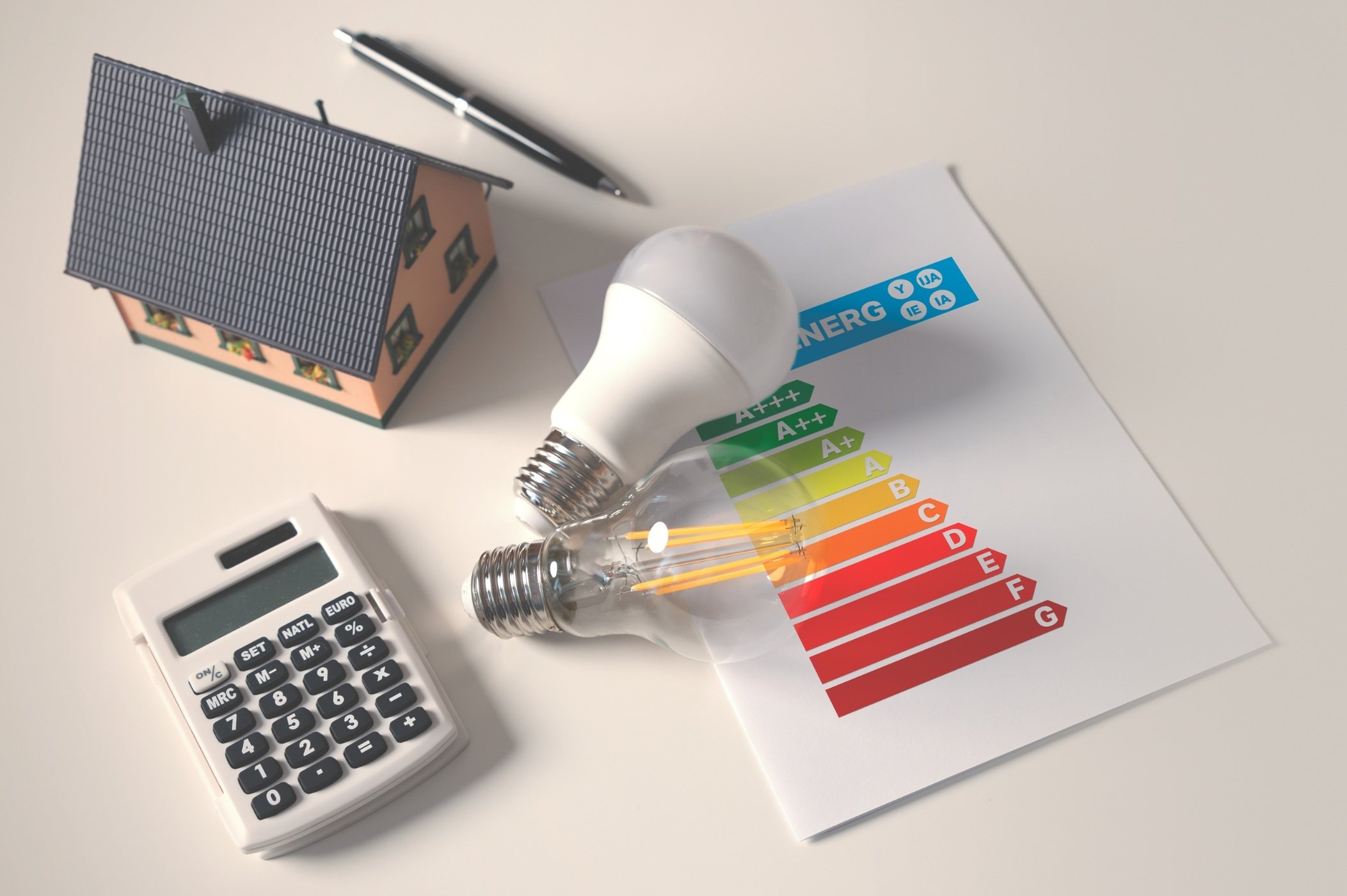 Image of EPC rating, calculator, LED lightbulbs, model house and pen relating to improving home energy efficiency